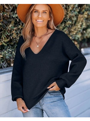 Kadın Uzun Kollu V Yakalı Arkası Kurdelalı Triko Bluz