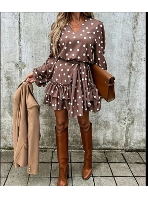 Kadın Uzun Kollu V Yakalı Belden Kuşaklı Puantiyeli Mini Modal Elbise