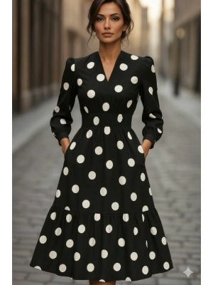 Kadın Uzun Kollu V Yakalı Beli Lastikli Puantiyeli Uzun Krep Elbise