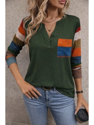 Kadın Uzun Kollu V Yakalı Cepli çok Renkli Viskon Bluz