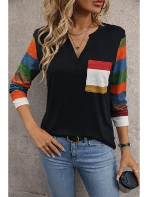 Kadın Uzun Kollu V Yakalı Cepli çok Renkli Viskon Bluz