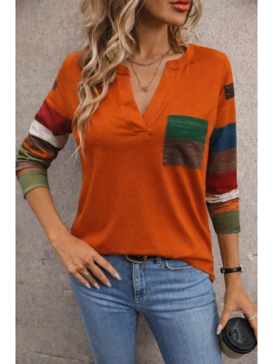Kadın Uzun Kollu V Yakalı Cepli çok Renkli Viskon Bluz