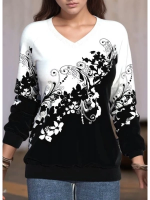 Kadın Uzun Kollu V Yakalı çiçek Baskılı şardonlu Dalgıç Bluz