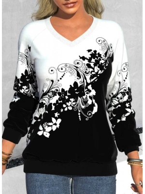 Kadın Uzun Kollu V Yakalı çiçek Baskılı şardonlu Dalgıç Bluz