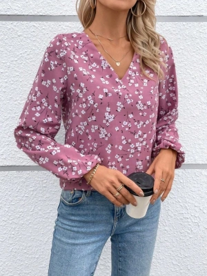 Kadın Uzun Kollu V Yakalı çiçek Desenli Modal Bluz