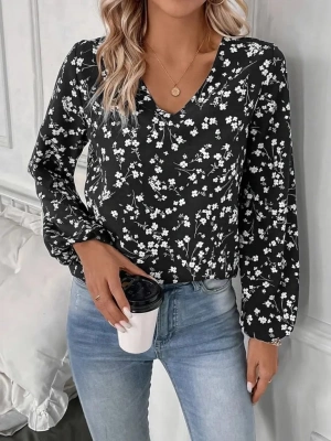 Kadın Uzun Kollu V Yakalı çiçek Desenli Modal Bluz
