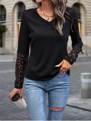 Kadın Uzun Kollu V Yakalı Dantelli Waffle Bluz