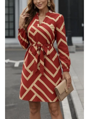 Kadın Uzun Kollu V Yakalı Desenli Belinde Kuşaklı Dalgıç Elbise