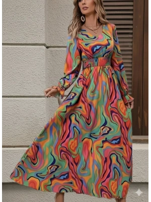 Kadın Uzun Kollu V Yakalı Desenli Maxi Süprem Elbise