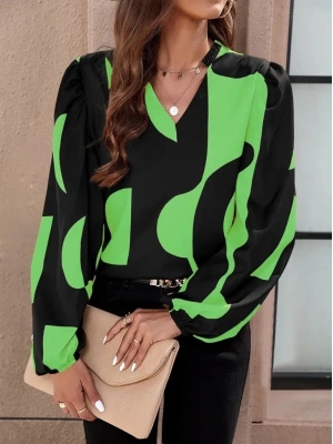 Kadın Uzun Kollu V Yakalı Desenli Modal Bluz