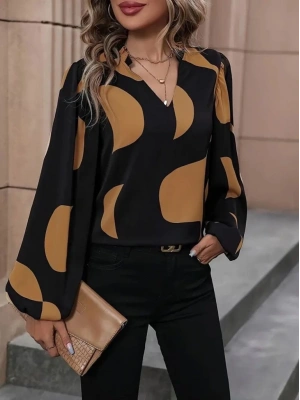 Kadın Uzun Kollu V Yakalı Desenli Modal Bluz