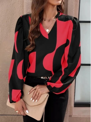 Kadın Uzun Kollu V Yakalı Desenli Modal Bluz