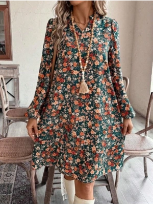 Kadın Uzun Kollu V Yakalı Desenli Modal Mini Elbise