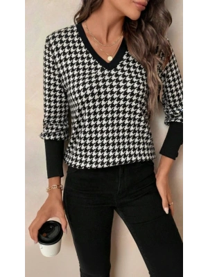 Kadın Uzun Kollu V Yakalı Desenli Süprem Bluz