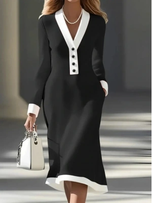 Kadın Uzun Kollu V Yakalı Düğmeli Midi Modal Elbise