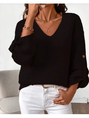 Kadın Uzun Kollu V Yakalı Düğmeli Triko Bluz