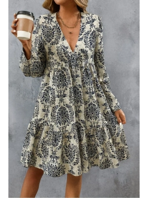 Kadın Uzun Kollu V Yakalı Fırfırlı Mini Süprem Elbise