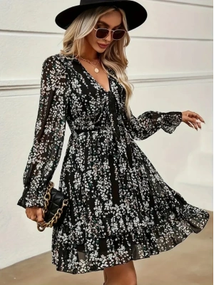 Kadın Uzun Kollu V Yakalı Fırfırlı Ve Bağcıklı şifon Mini Elbise