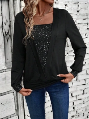 Kadın Uzun Kollu V Yakalı Içi Süprem Desenli Dışı Viskon Bluz