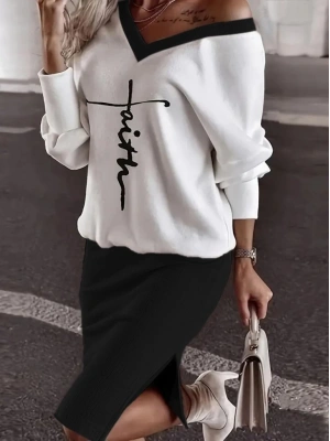 Kadın Uzun Kollu V Yakalı Iki Iplik Bluz Ve şardonlu Kaşkorse Etek Ikili Takım