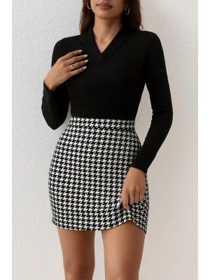 Kadın Uzun Kollu V Yakalı Kaz Ayağı Desenli şardonlu Dalgıç Elbise