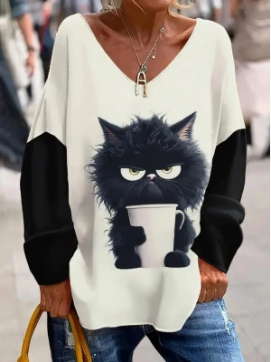 Kadın Uzun Kollu V Yakalı Kedi Baskılı şardonlu Dalgıç Bluz