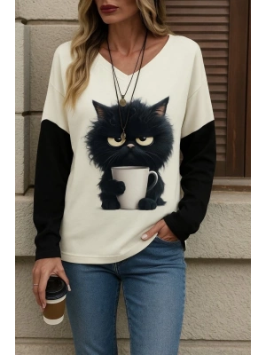 Kadın Uzun Kollu V Yakalı Kedi Baskılı şardonlu Dalgıç Bluz