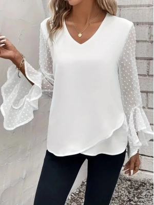 Kadın Uzun Kollu V Yakalı Kolları Ispanyol Detayı Sandy Bluz