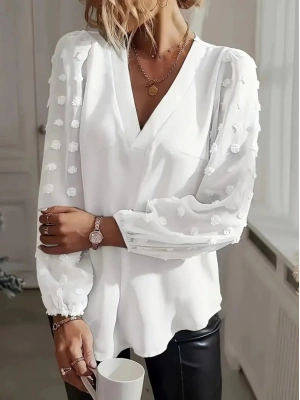Kadın Uzun Kollu V Yakalı Kolları Popon Detaylı Sandy Bluz