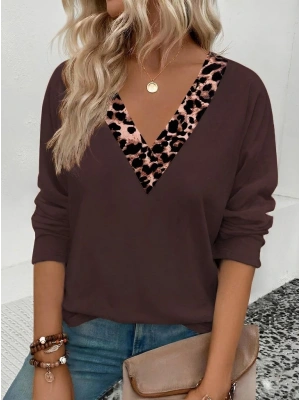 Kadın Uzun Kollu V Yakalı Leopar Detaylı Viskon Iki Iplik Bluz