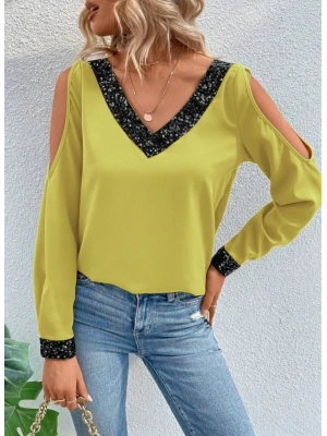 Kadın Uzun Kollu V Yakalı Omuzlardan Açık Sandy Bluz