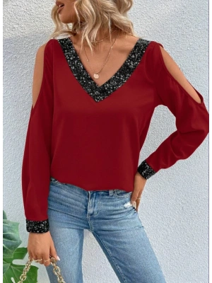 Kadın Uzun Kollu V Yakalı Omuzlardan Açık Sandy Bluz