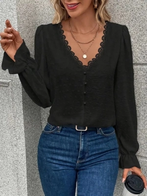 Kadın Uzun Kollu V Yakalı önden Düğmeli Bluz