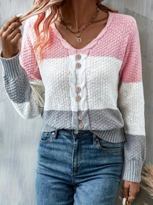 Kadın Uzun Kollu V Yakalı önden Düğmeli çok Renkli Bluz