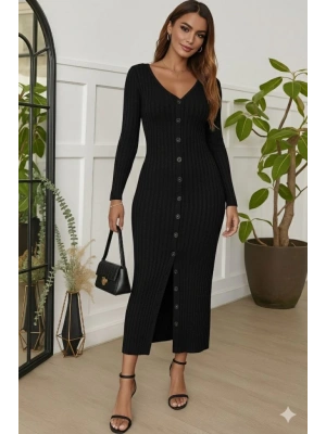 Kadın Uzun Kollu V Yakalı önden Düğmeli şardonlu Kaşkorse Elbise