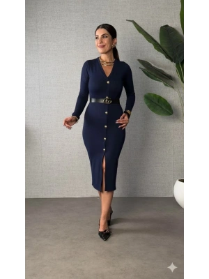 Kadın Uzun Kollu V Yakalı önden Düğmeli Yırtmaçlı Modal Midi Kemersiz Elbise