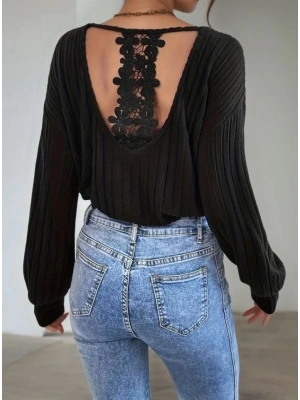 Kadın Uzun Kollu V Yakalı Pencere Sırt Dantel Detaylı Kalın Fitilli Kaşkorse Bluz