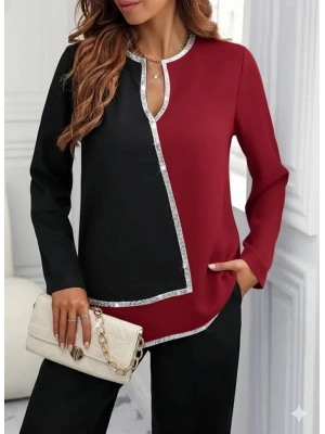 Kadın Uzun Kollu V Yakalı Pul Payet Işlemeli Ithal Krep Bluz