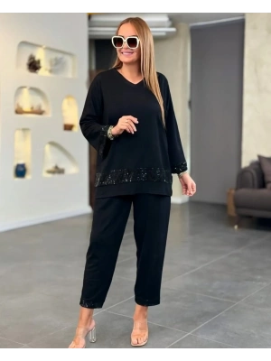 Kadın Uzun Kollu V Yakalı Pulpayet Viskon Iki Iplik Bluz Ve Pantolon Takım
