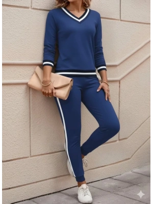 Kadın Uzun Kollu V Yakalı Ribanalı Viskon Iki Iplik Bluz Ve Pantolon Ikili Takım