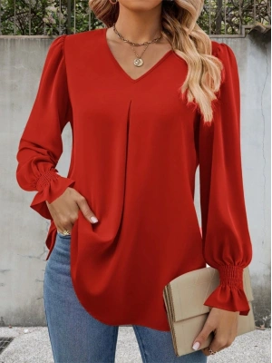 Kadın Uzun Kollu V Yakalı Salaş Ithal Krep Bluz