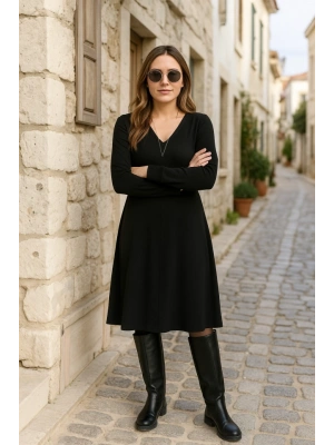 Kadın Uzun Kollu V Yakalı Salaş Midi Iki Iplik Elbise