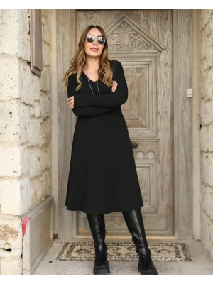 Kadın Uzun Kollu V Yakalı Salaş Midi Iki Iplik Elbise