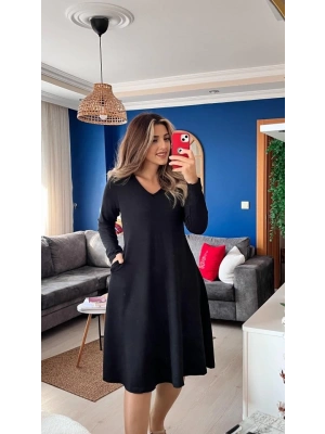 Kadın Uzun Kollu V Yakalı Salaş Midi Iki Iplik Elbise