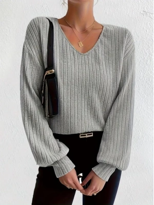 Kadın Uzun Kollu V Yakalı Salaş şardonlu Kaşkorse Bluz