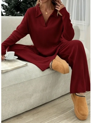 Kadın Uzun Kollu V Yakalı şardonlu Kaşkorse Bluz Ve Pantolon Ikili Takım