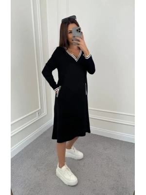 Kadın Uzun Kollu V Yakalı şerit Detaylı Cepli Midi Viskon Iki Iplik Elbise