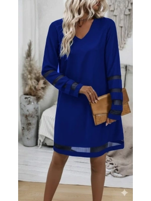 Kadın Uzun Kollu V Yakalı Tül şerit Detaylı Mini Krep Elbise