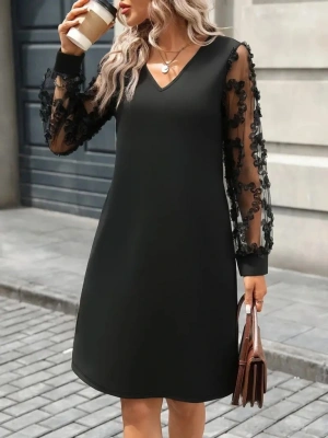 Kadın Uzun Kollu V Yakalı Tüllü Kısa Ithal Krep Mini Elbise