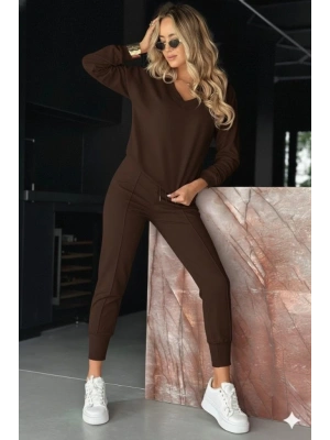 Kadın Uzun Kollu V Yakalı Viskon Iki Iplik Bluz Ve Pantolon Ikili Takım